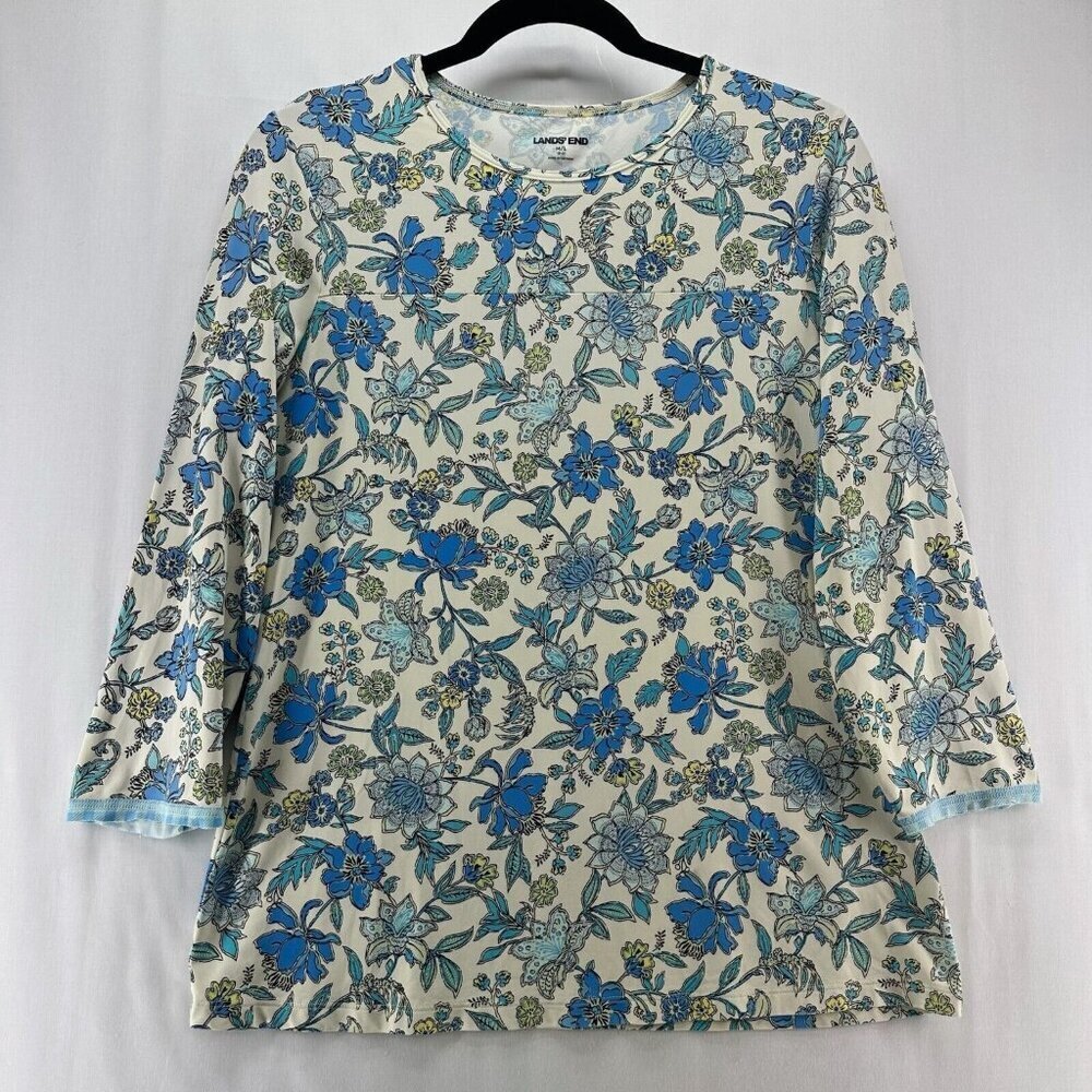 Lands' End Top Womens Sz M/L 10-12 Floral 3/4 Sleeve Stretch Nylon Blend Blue